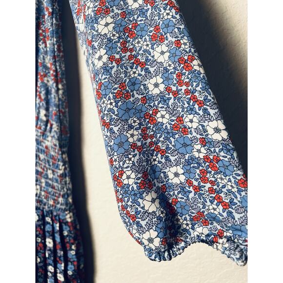 Gap Blue Floral Drop Waist Dress S Smock Tie Pleated Western Office Boho Chic - Picture 4 of 11